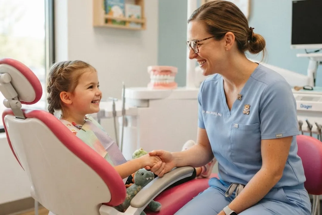A gentle dentist connecting warmly with a patient during a comfortable, supportive visit